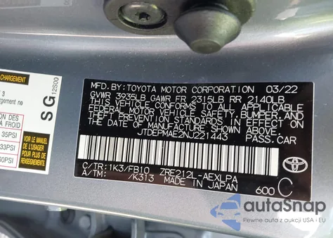 2022 Toyota Corolla Le z USA, uszkodzony, nr VIN JTDEPMAE2NJ221443